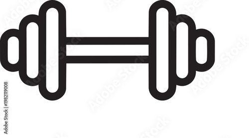A simple black and white icon of a dumbbell