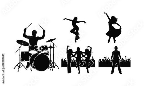 Music festival performance silhouette vector featuring drummer dancers and crowd audience.
