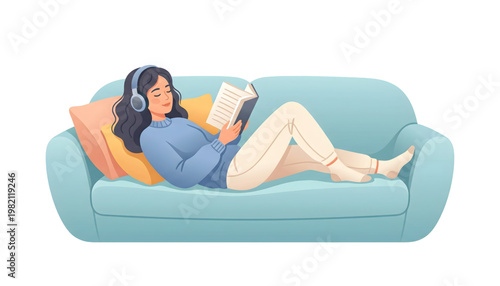 woman relaxing on couch reading book and listening to music vector illustration on transparent background