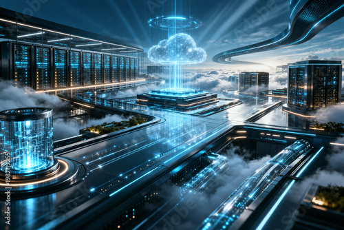 Cloud Data Center: A futuristic depiction of a data center, showcasing the concept of cloud computing with interconnected servers and ethereal cloud formations.