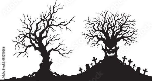 Halloween trees, spooky graveyard, bare trees, black silhouette, creepy landscape