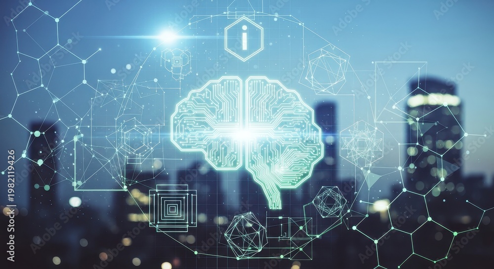 Fototapeta premium a glowing blue brain with a cityscape in the background at night with a network of lines and nodes n
