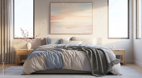 Serene Master Bedroom with Pastel Bedding and Abstract Art
