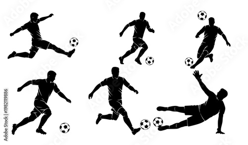 Soccer player silhouettes dynamic action poses football sport black vector collection isolated on white background