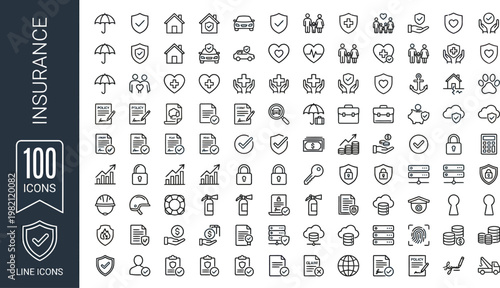 A collection of line icons related to insurance and protection on a white background. AI, eps, png, jpg. transparent background.