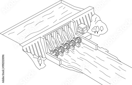 Technology dam line drawing of a hydroelectric dam with turbines for modern energy solutions, suitable for renewable energy concepts.
