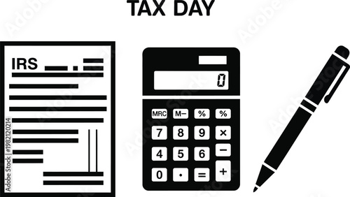 Tax day IRS form, calculator and pen icons for finance
