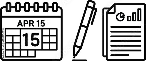 Tax day calendar with april 15, pen and financial report