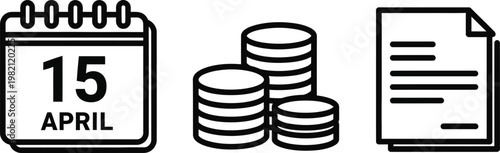 Tax day calendar april 15, coins and document icons