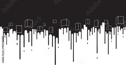 Black and white dripping cubes background, geometric shapes, abstract design, modern art