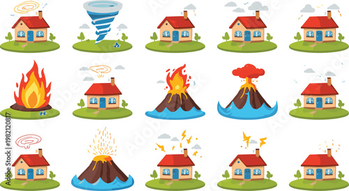 Set of houses threatened by natural disasters during daylight