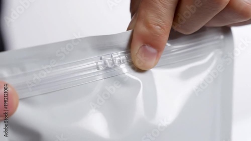 Hands Sealing White Resealable Zipper Pouch Close Up