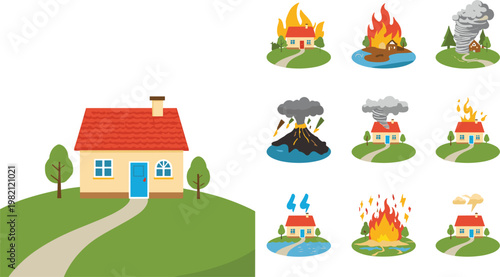 Collection of disaster icons for home insurance and protection concepts