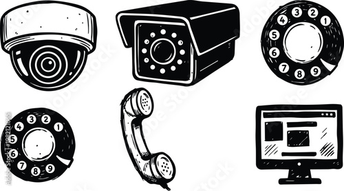 Black and white vector line art dome camera bullet camera rotary dial handset and monitor icons