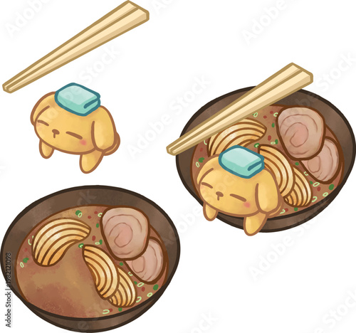 Cute Dog Ramen Illustration Kawaii Cartoon Food Bowl with Chopsticks. Soft colors and playful style make it perfect for food themes, Japanese cuisine, stickers, branding, children’s content, and merch
