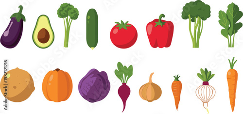 Assortment of fresh vegetables and produce arranged in a clean colorful row