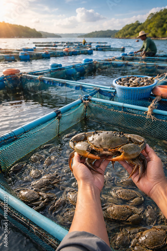 Coastal Harvest: A crab farmer carefully inspects his crab catch amid aquaculture cages on a tranquil coastal landscape, highlighting the synergy of human enterprise and marine ecosystems.