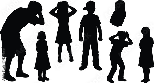 Black silhouettes of children in varied poses vector art simple white background