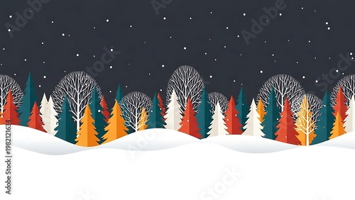 Winter forest landscape with colorful trees and falling snow