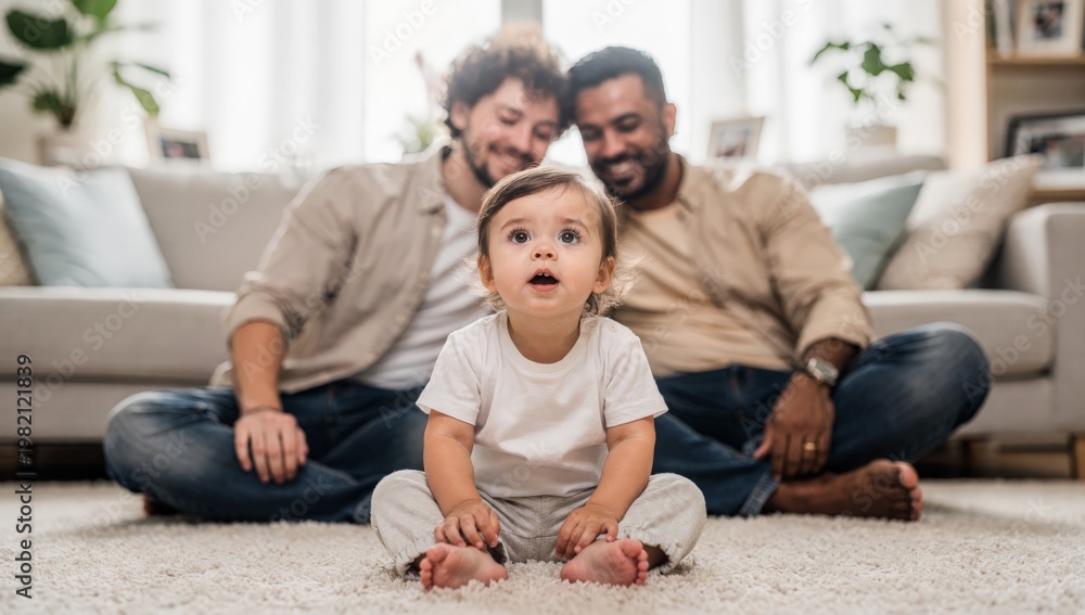 Fototapeta premium A tender moment between two men and their toddler in a cozy living room setting, showcasing love, care, and nurturing.