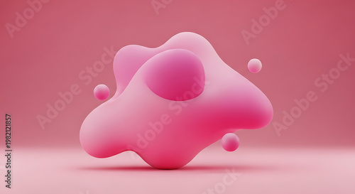 Abstract amorphous liquid blob with small spheres floating around, pastel pink gradient background, fluid shape, soft 3d render, smooth organic form