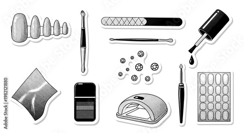 Collage of Manicure and Pedicure Tools with Spa Elements Illustration