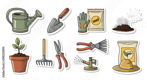 Collection of gardening tools seeds and plants 