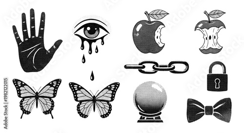 Collage of Graphic Objects: Apple Chain Eye Butterfly Hand Lock Hourglass