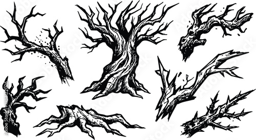 Line art gnarled trunk with twisted roots and jagged bare branches set pieces black and white