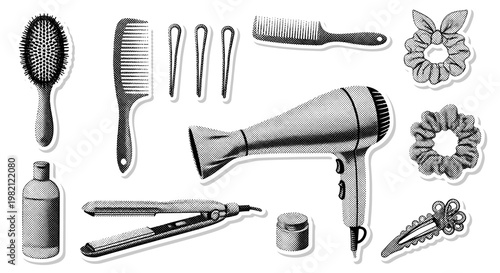 Collection of Essential Hair Care Tools and Accessories in Monochromatic Style