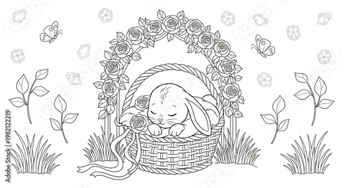 Cute Sleeping Bunny in a Wicker Basket Surrounded by Flowers and Butterflies.
