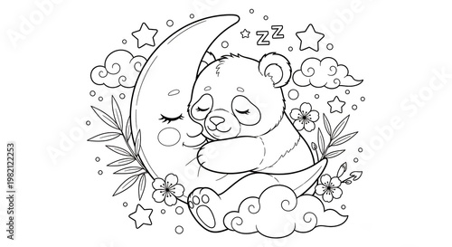 Cute Panda Sleeping on a Crescent Moon with Stars and Clouds.