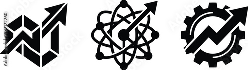 Professional Growth and Innovation Set with Abstract Geometric Arrow, Scientific Atom Structure, and Industrial Gear for Business Success and Technology Development