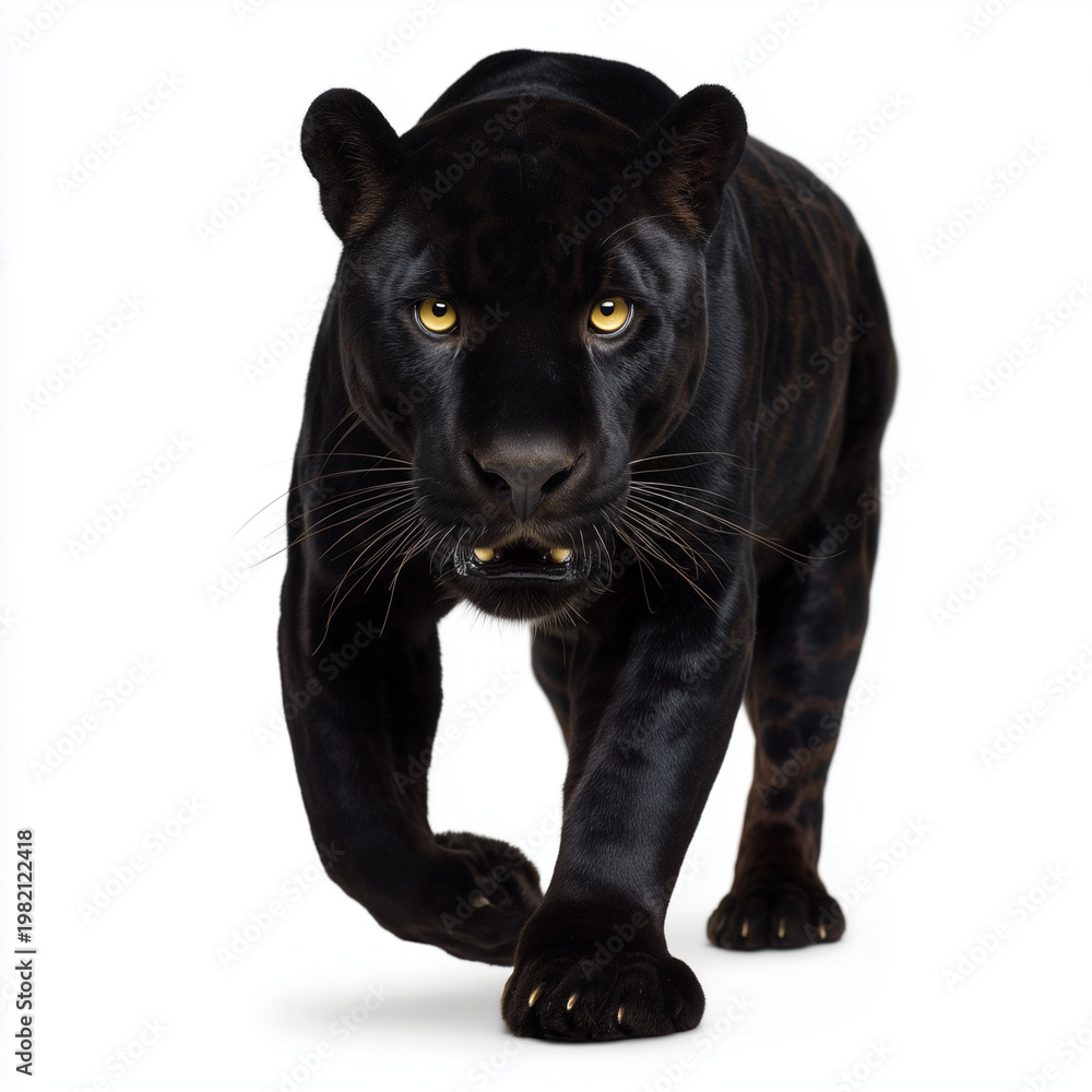 Fototapeta premium Black panther walking forward isolated on white