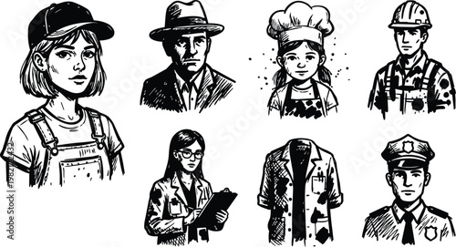 Black and white ink sketch of diverse profession portraits including chef police doctor and builder