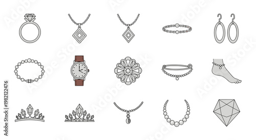 Elegant Jewelry Collection Icon Set: Necklace Ring Bracelet Watch Earrings and More