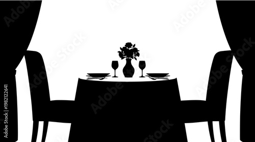 Elegant Dining Setup for Two Silhouetted Against a Bright Background