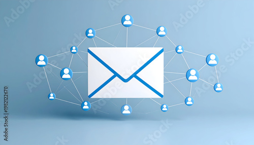 A clean illustration of an email envelope connected to a network of users, representing digital communication, global connectivity, and modern online messaging systems.