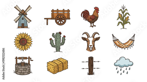 Charming illustration of farm and country elements in a classic cartoon style