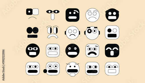 A collection of simplistic black and white geometric shaped faces displaying various emotions