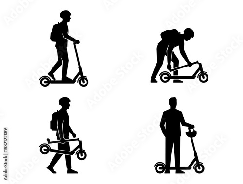 Silhouette illustration set of people riding scooters in various poses, representing urban mobility, personal transport, and modern commuting lifestyle concepts.