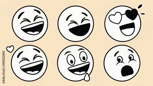 A collection of six black and white emoticons expressing various happy and playful emotions