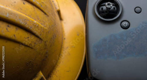 Industrial drone operator gear with yellow hard hat and controller