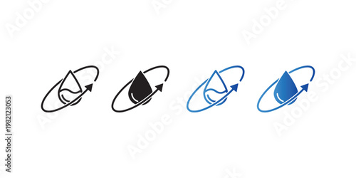 Four different colored icons of a drop of liquid rotating in a circular motion