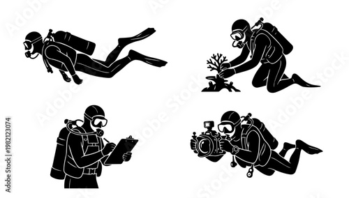 Silhouette illustration set of divers exploring underwater environment, representing marine exploration, scuba diving, and aquatic adventure lifestyle concepts in design.