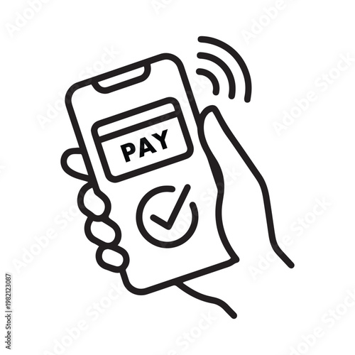 Modern line art illustration of a hand holding a smartphone screen displaying a successful contactless digital payment with checkmark confirmation.