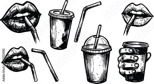 Black and white line art lips sipping straws cups and hand holding takeaway cup
