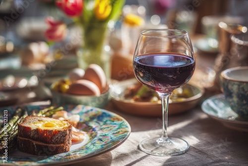 Celebrating spring brunch with red wine glass and food