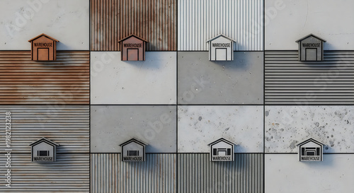 Industrial warehouse icons on concrete and metal textured panels