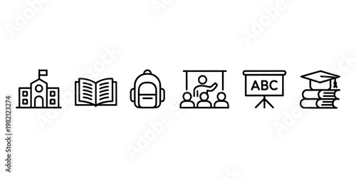 Black line of school building open book backpack classroom teaching A B C board graduation cap books